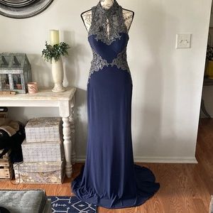 Faviana Beaded Mesh Appliqué High Neck Low Back Prom Formal Dress